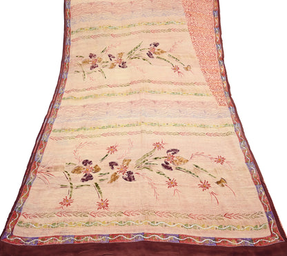 Indian Vintage Sari Brown & Beige Pure Crepe Silk Hand Embroidered Saree 5yd Sewing Floral Craft Sequins Dress making Crafting Quilting
