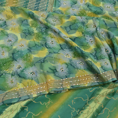 Indian Vintage Sari Green Pure Crepe Silk Hand Embroidered Saree 5yd Sewing Floral Craft Sequins Dress making Crafting Quilting
