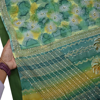 Indian Vintage Sari Green Pure Crepe Silk Hand Embroidered Saree 5yd Sewing Floral Craft Sequins Dress making Crafting Quilting