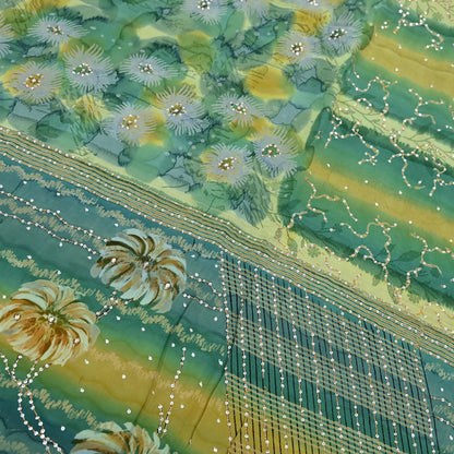 Indian Vintage Sari Green Pure Crepe Silk Hand Embroidered Saree 5yd Sewing Floral Craft Sequins Dress making Crafting Quilting