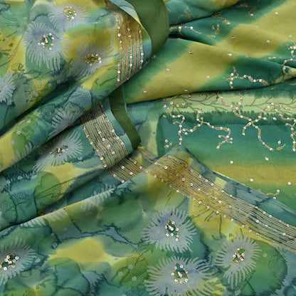Indian Vintage Sari Green Pure Crepe Silk Hand Embroidered Saree 5yd Sewing Floral Craft Sequins Dress making Crafting Quilting
