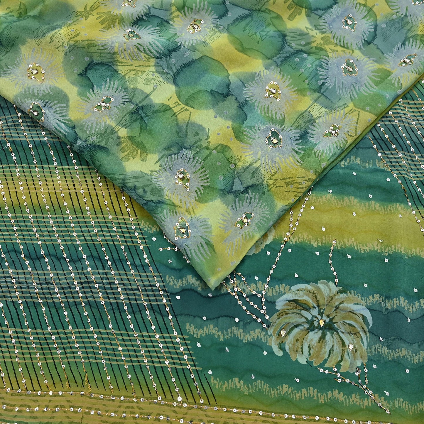 Indian Vintage Sari Green Pure Crepe Silk Hand Embroidered Saree 5yd Sewing Floral Craft Sequins Dress making Crafting Quilting