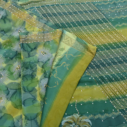 Indian Vintage Sari Green Pure Crepe Silk Hand Embroidered Saree 5yd Sewing Floral Craft Sequins Dress making Crafting Quilting