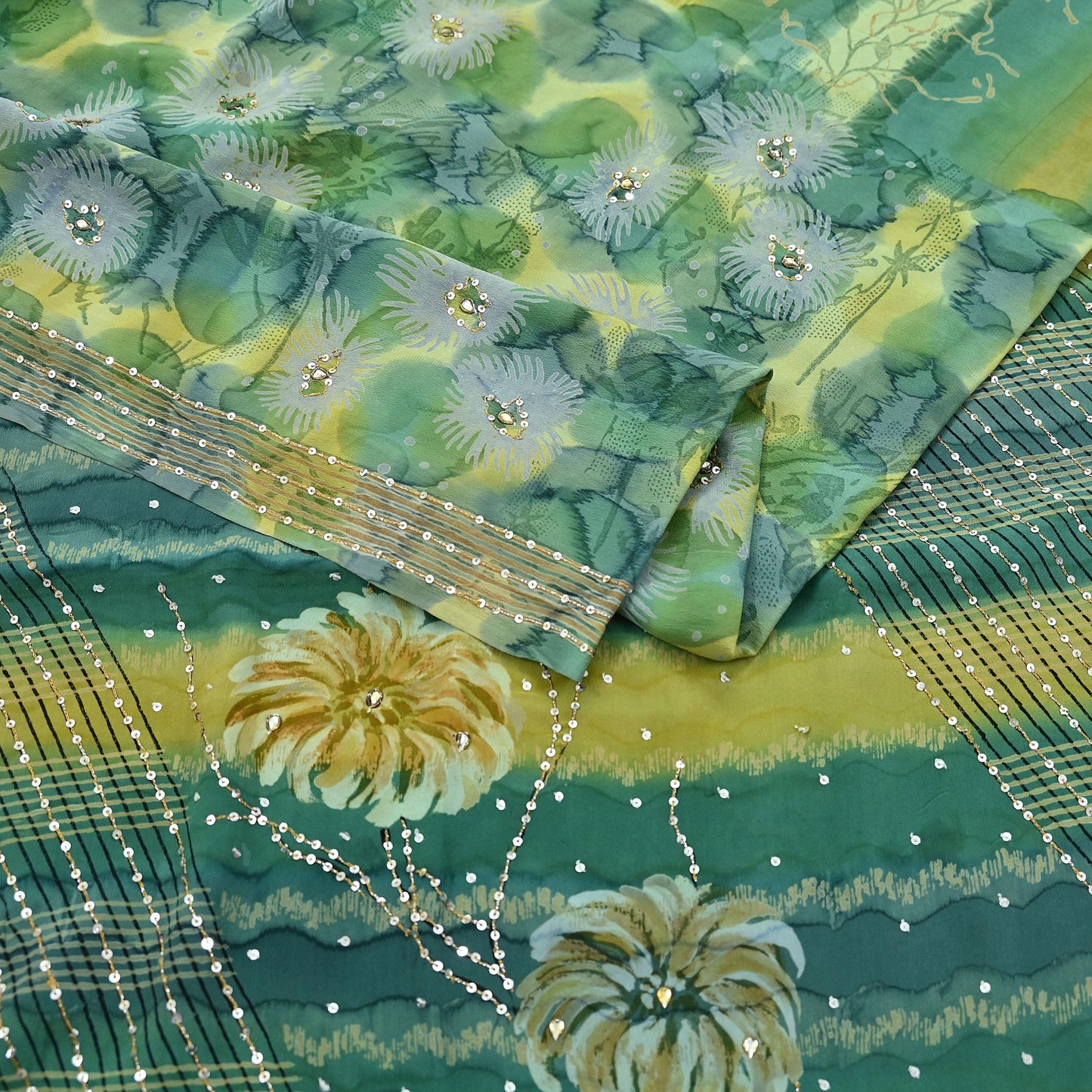Indian Vintage Sari Green Pure Crepe Silk Hand Embroidered Saree 5yd Sewing Floral Craft Sequins Dress making Crafting Quilting