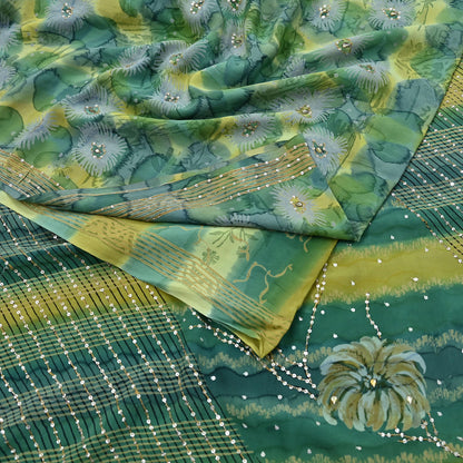 Indian Vintage Sari Green Pure Crepe Silk Hand Embroidered Saree 5yd Sewing Floral Craft Sequins Dress making Crafting Quilting