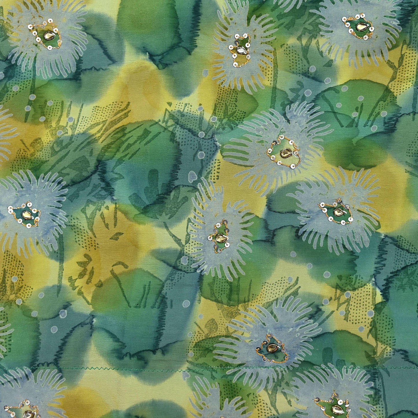 Indian Vintage Sari Green Pure Crepe Silk Hand Embroidered Saree 5yd Sewing Floral Craft Sequins Dress making Crafting Quilting