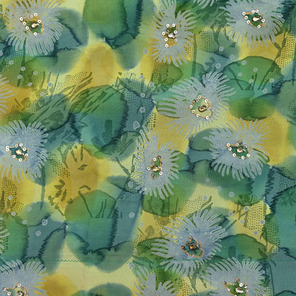 Indian Vintage Sari Green Pure Crepe Silk Hand Embroidered Saree 5yd Sewing Floral Craft Sequins Dress making Crafting Quilting