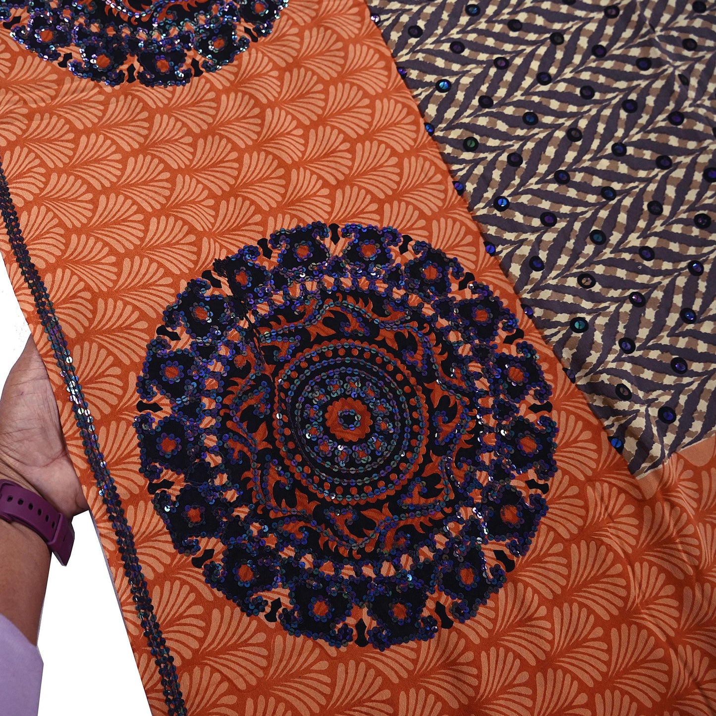 Indian Vintage Sari Brown & Orange Pure Crepe Silk Hand Embroidered Saree 5yd Sewing Floral Craft Sequins Dress making Crafting Quilting