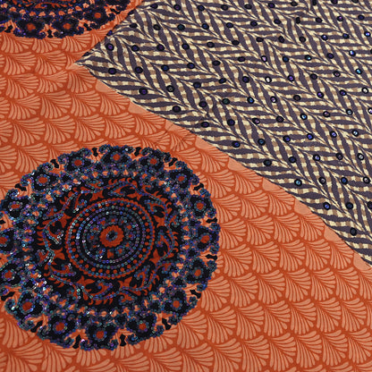 Indian Vintage Sari Brown & Orange Pure Crepe Silk Hand Embroidered Saree 5yd Sewing Floral Craft Sequins Dress making Crafting Quilting