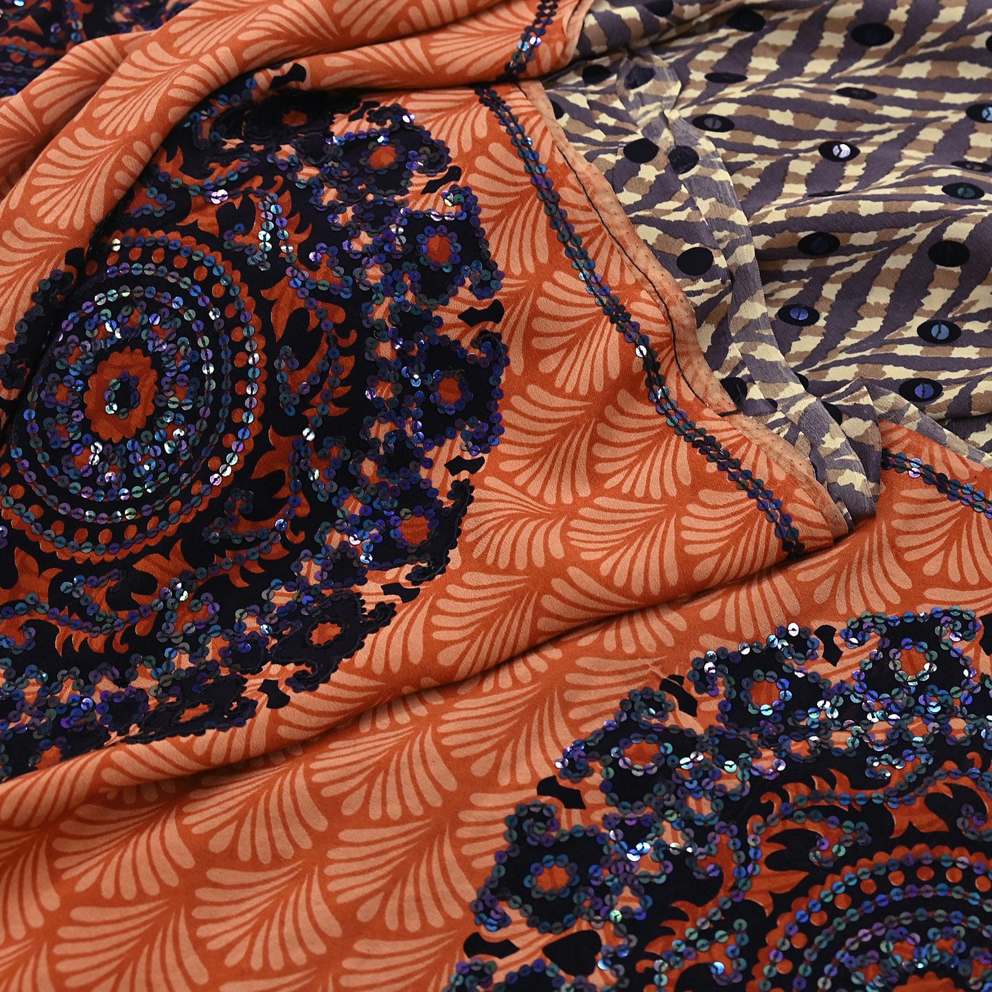 Indian Vintage Sari Brown & Orange Pure Crepe Silk Hand Embroidered Saree 5yd Sewing Floral Craft Sequins Dress making Crafting Quilting