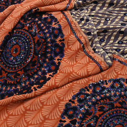 Indian Vintage Sari Brown & Orange Pure Crepe Silk Hand Embroidered Saree 5yd Sewing Floral Craft Sequins Dress making Crafting Quilting