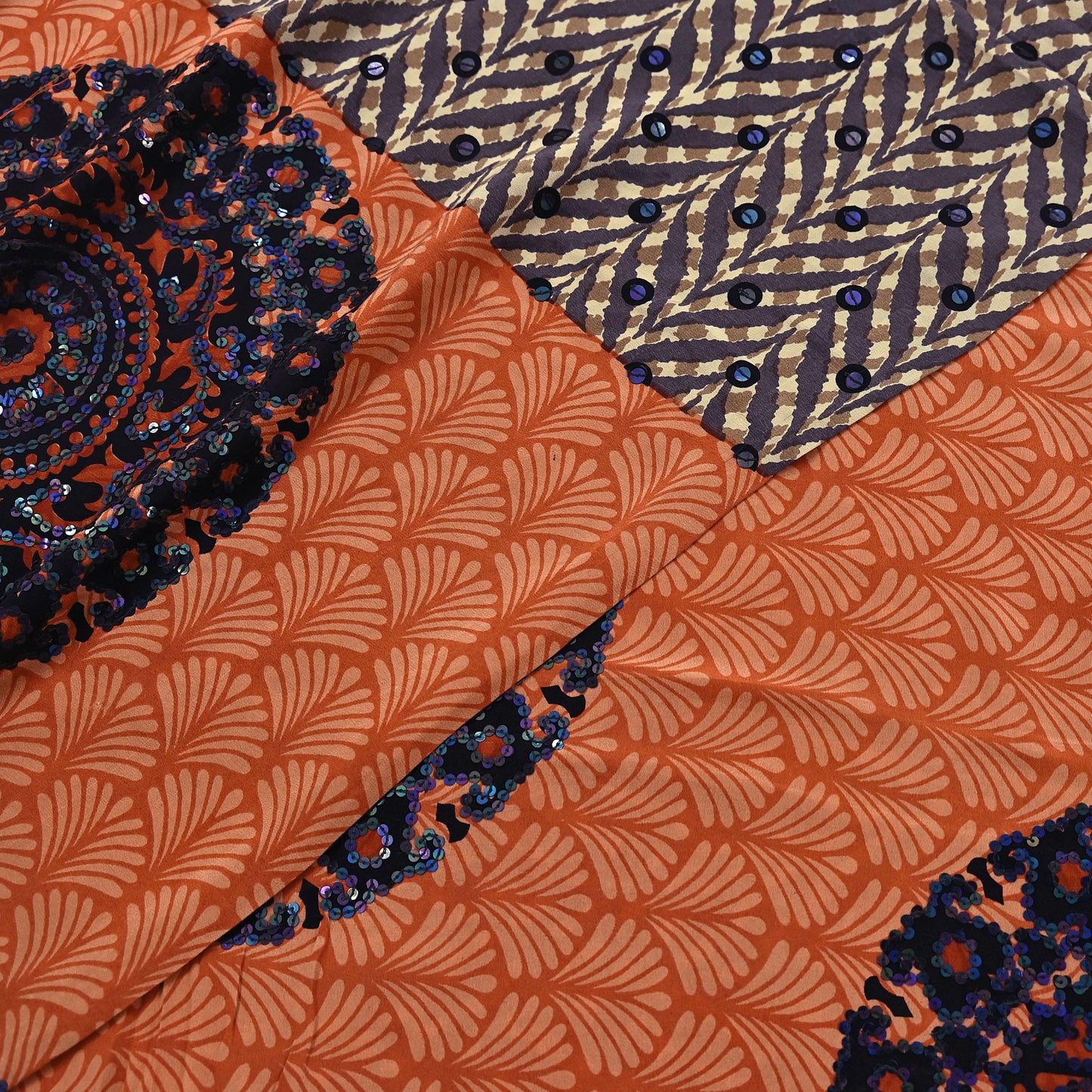Indian Vintage Sari Brown & Orange Pure Crepe Silk Hand Embroidered Saree 5yd Sewing Floral Craft Sequins Dress making Crafting Quilting
