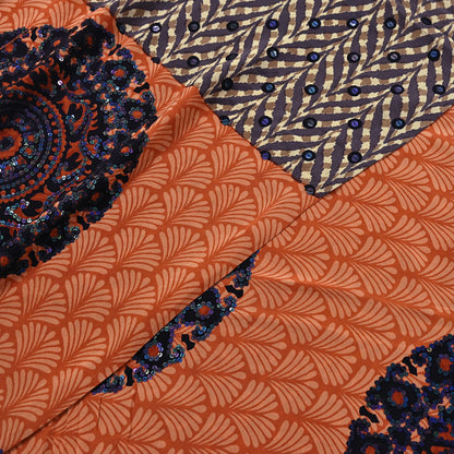 Indian Vintage Sari Brown & Orange Pure Crepe Silk Hand Embroidered Saree 5yd Sewing Floral Craft Sequins Dress making Crafting Quilting