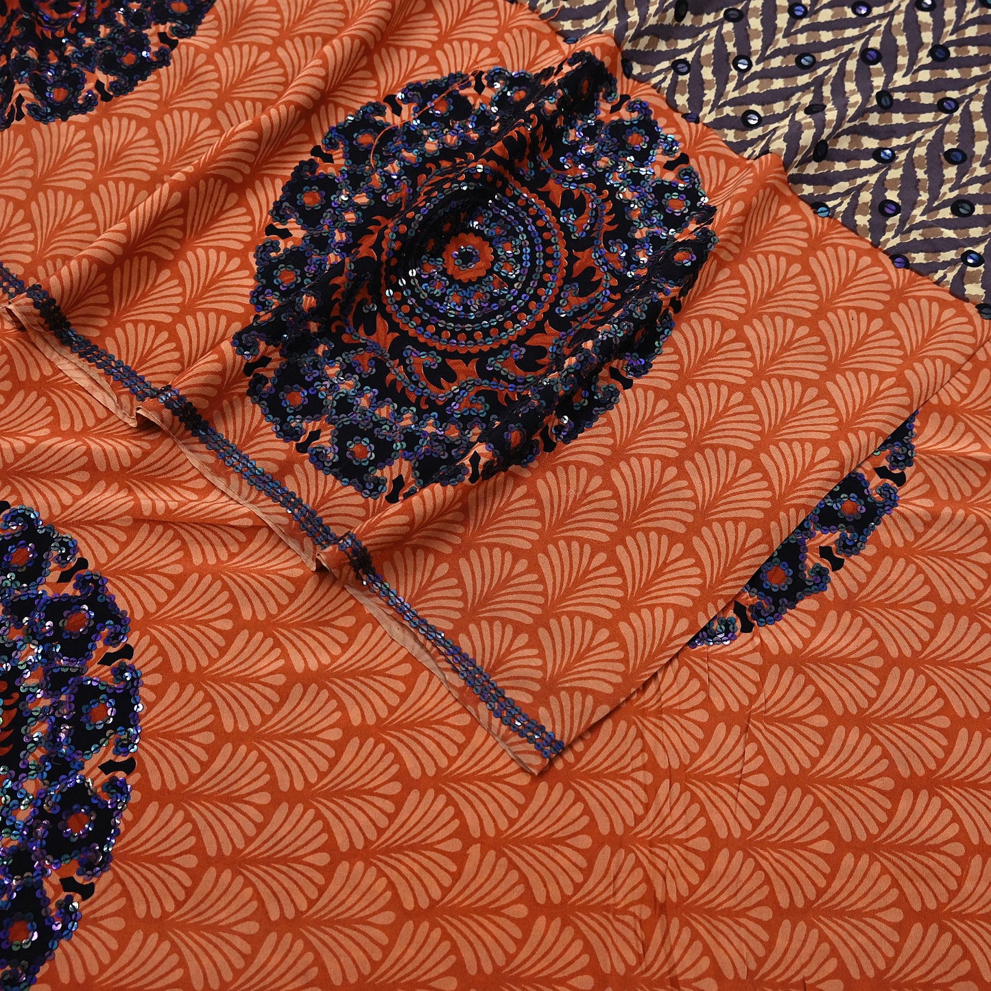 Indian Vintage Sari Brown & Orange Pure Crepe Silk Hand Embroidered Saree 5yd Sewing Floral Craft Sequins Dress making Crafting Quilting