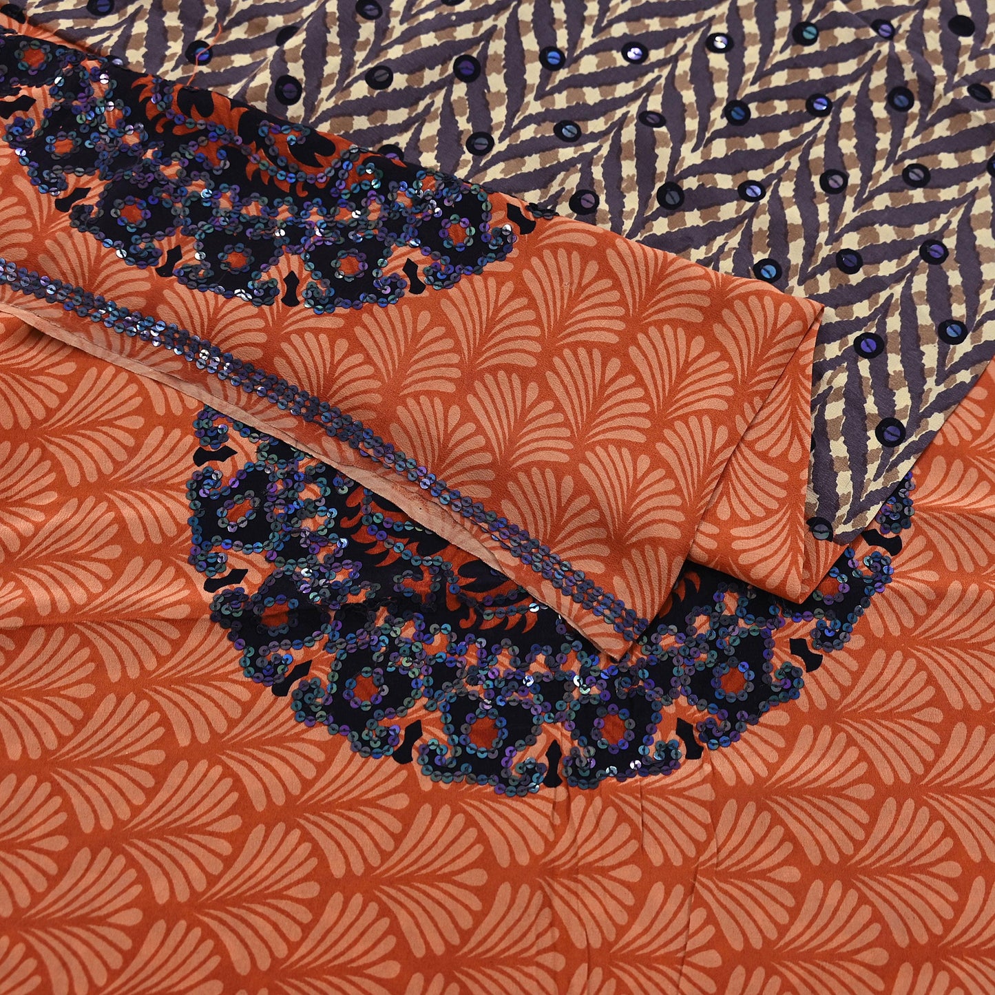 Indian Vintage Sari Brown & Orange Pure Crepe Silk Hand Embroidered Saree 5yd Sewing Floral Craft Sequins Dress making Crafting Quilting