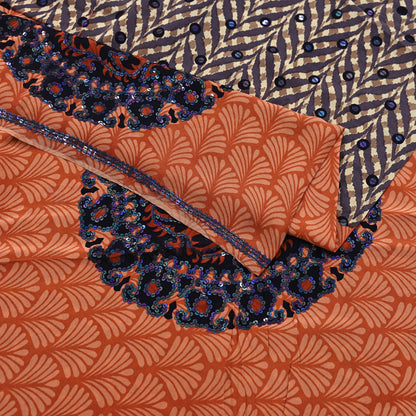 Indian Vintage Sari Brown & Orange Pure Crepe Silk Hand Embroidered Saree 5yd Sewing Floral Craft Sequins Dress making Crafting Quilting