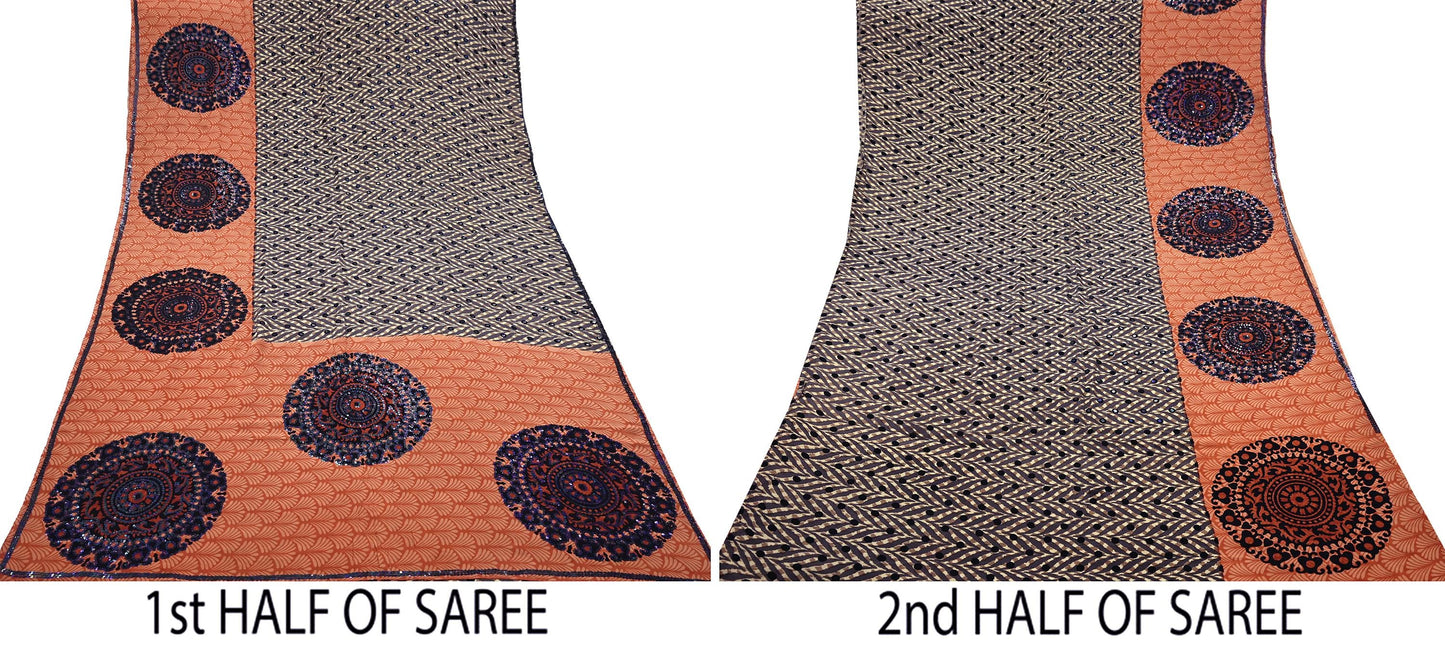 Indian Vintage Sari Brown & Orange Pure Crepe Silk Hand Embroidered Saree 5yd Sewing Floral Craft Sequins Dress making Crafting Quilting