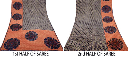 Indian Vintage Sari Brown & Orange Pure Crepe Silk Hand Embroidered Saree 5yd Sewing Floral Craft Sequins Dress making Crafting Quilting