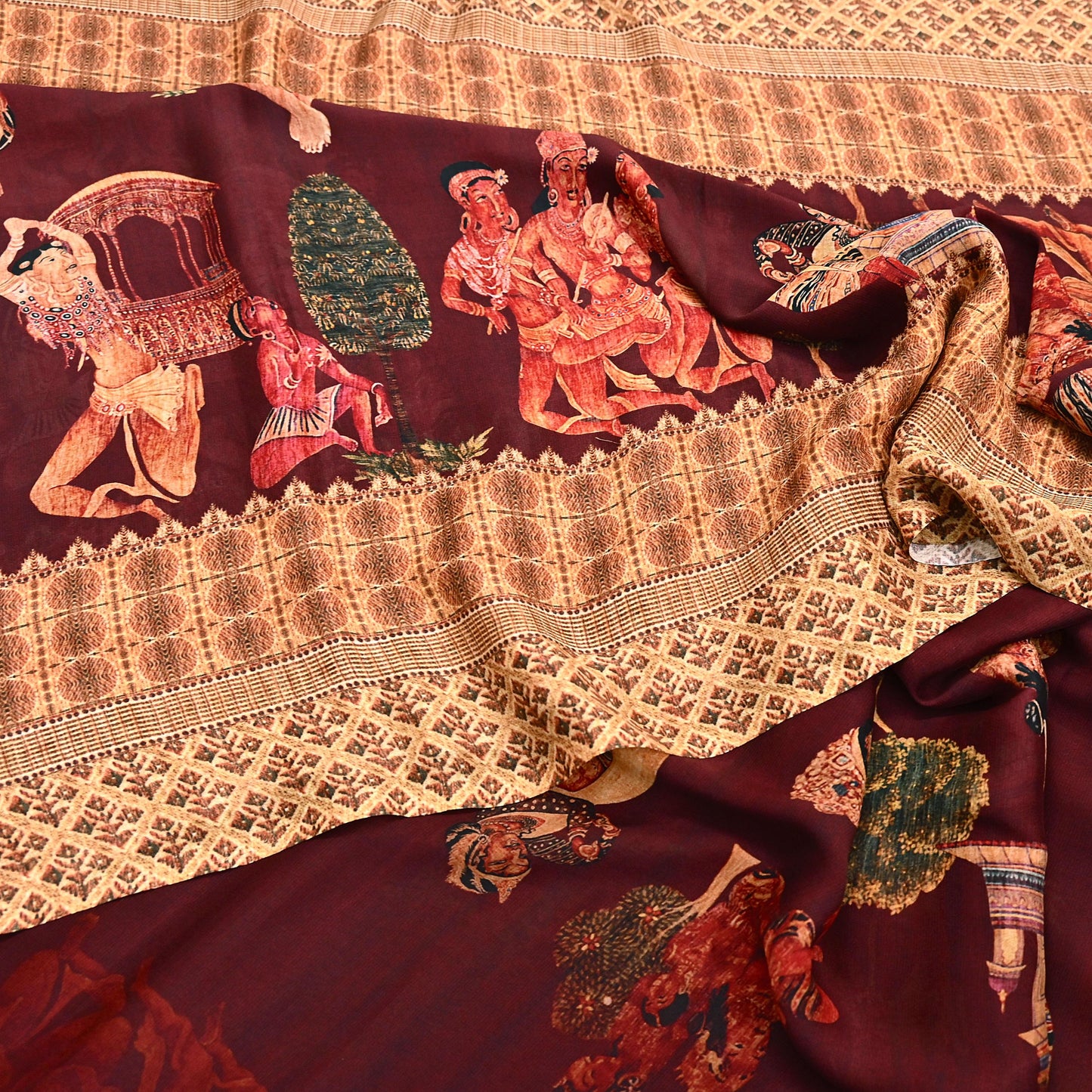 Vintage Sari Maroon Blend Georgette  Digital Printed Sarees Sewing 5yd Soft Craft Fabric Humans Crafting Dress Making Quilting Crafting Used