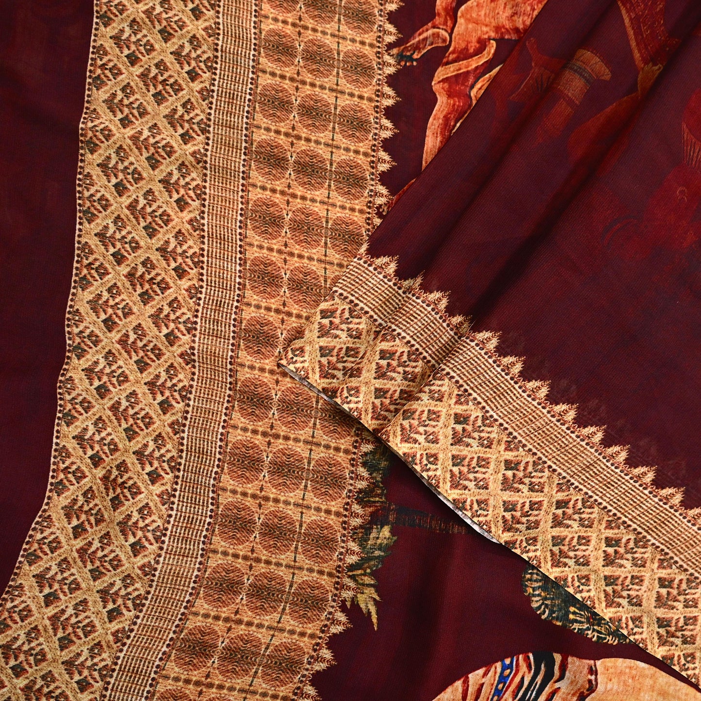 Vintage Sari Maroon Blend Georgette  Digital Printed Sarees Sewing 5yd Soft Craft Fabric Humans Crafting Dress Making Quilting Crafting Used