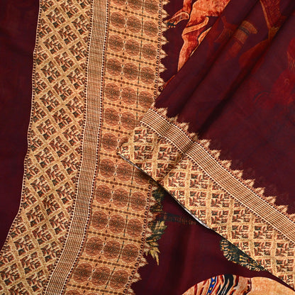 Vintage Sari Maroon Blend Georgette  Digital Printed Sarees Sewing 5yd Soft Craft Fabric Humans Crafting Dress Making Quilting Crafting Used