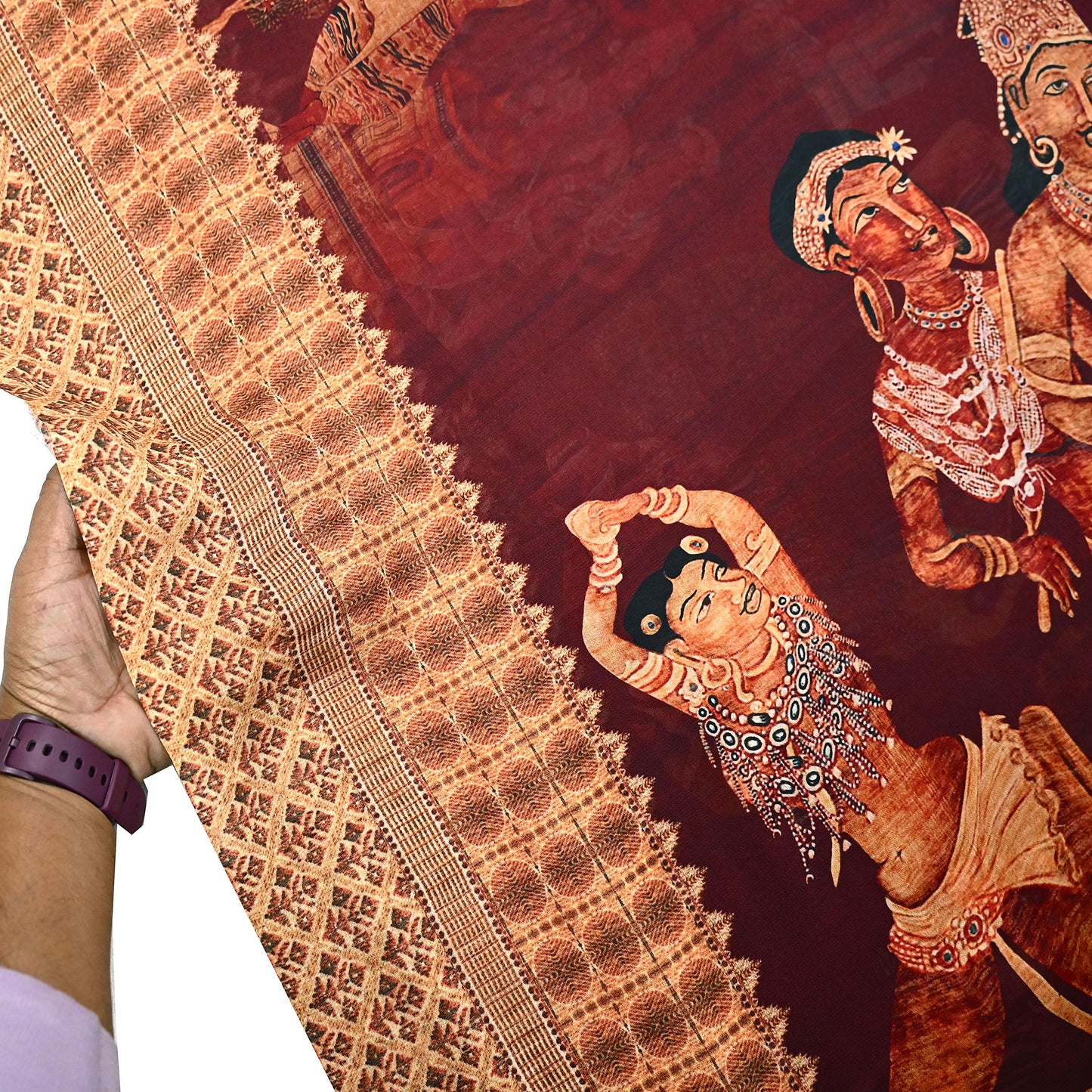 Vintage Sari Maroon Blend Georgette  Digital Printed Sarees Sewing 5yd Soft Craft Fabric Humans Crafting Dress Making Quilting Crafting Used