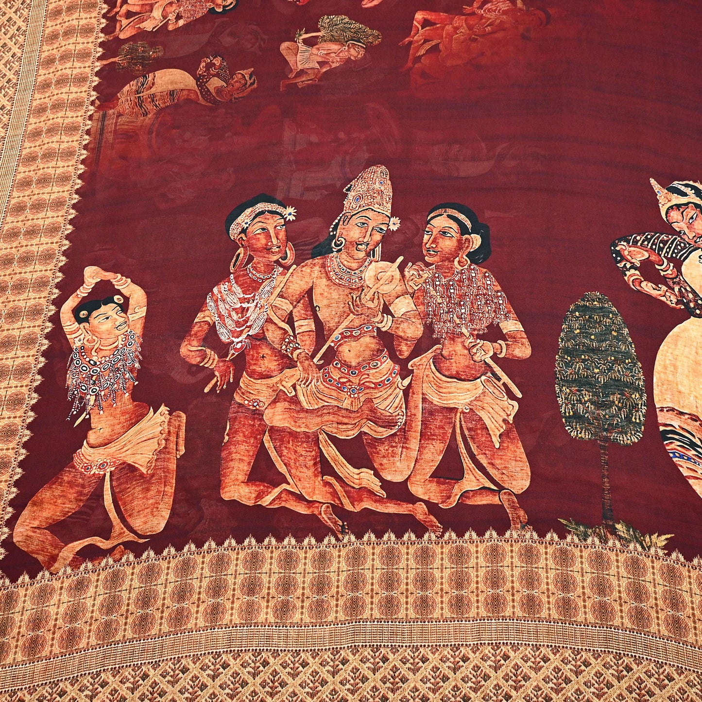 Vintage Sari Maroon Blend Georgette  Digital Printed Sarees Sewing 5yd Soft Craft Fabric Humans Crafting Dress Making Quilting Crafting Used