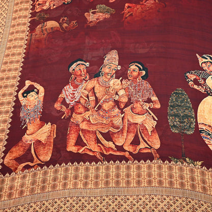 Vintage Sari Maroon Blend Georgette  Digital Printed Sarees Sewing 5yd Soft Craft Fabric Humans Crafting Dress Making Quilting Crafting Used