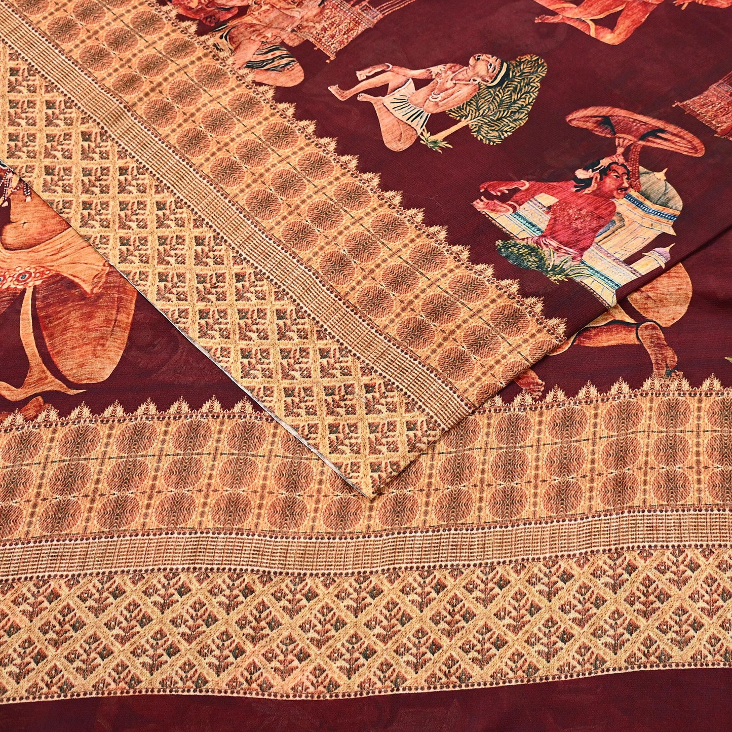 Vintage Sari Maroon Blend Georgette  Digital Printed Sarees Sewing 5yd Soft Craft Fabric Humans Crafting Dress Making Quilting Crafting Used