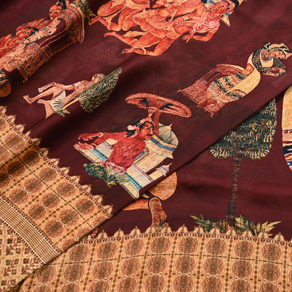 Vintage Sari Maroon Blend Georgette  Digital Printed Sarees Sewing 5yd Soft Craft Fabric Humans Crafting Dress Making Quilting Crafting Used