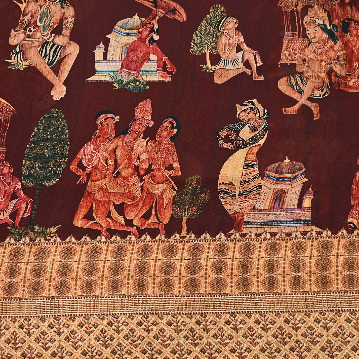 Vintage Sari Maroon Blend Georgette  Digital Printed Sarees Sewing 5yd Soft Craft Fabric Humans Crafting Dress Making Quilting Crafting Used