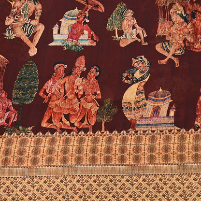 Vintage Sari Maroon Blend Georgette  Digital Printed Sarees Sewing 5yd Soft Craft Fabric Humans Crafting Dress Making Quilting Crafting Used