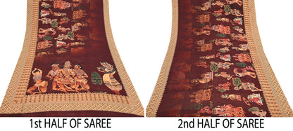 Vintage Sari Maroon Blend Georgette  Digital Printed Sarees Sewing 5yd Soft Craft Fabric Humans Crafting Dress Making Quilting Crafting Used