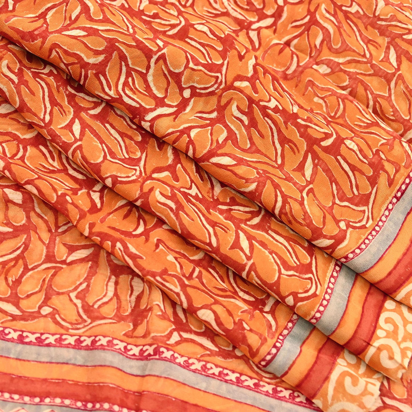 Indian Vintage Sari Orange & Saffron Pure Georgette Silk Printed Sarees 6Yd Craft Fabric Sewing Quilting Crafting Dress Making
