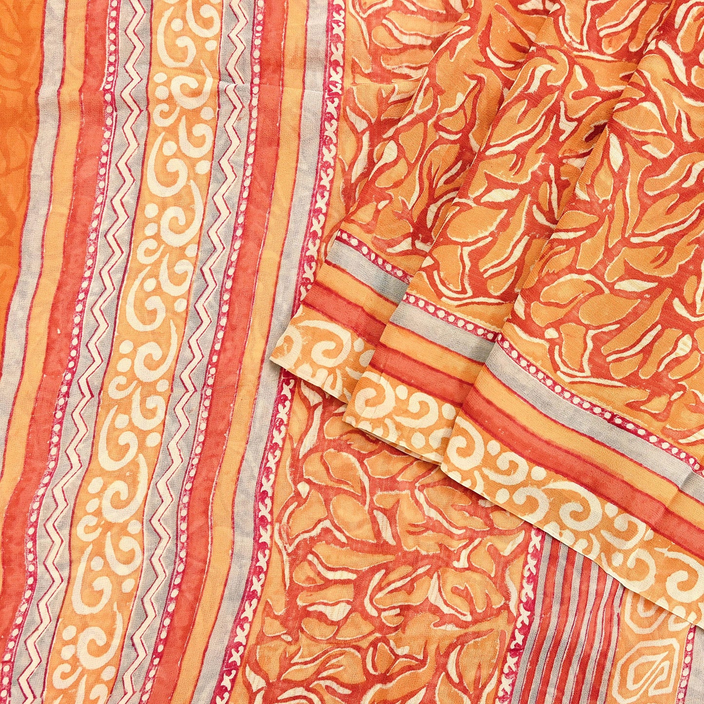 Indian Vintage Sari Orange & Saffron Pure Georgette Silk Printed Sarees 6Yd Craft Fabric Sewing Quilting Crafting Dress Making