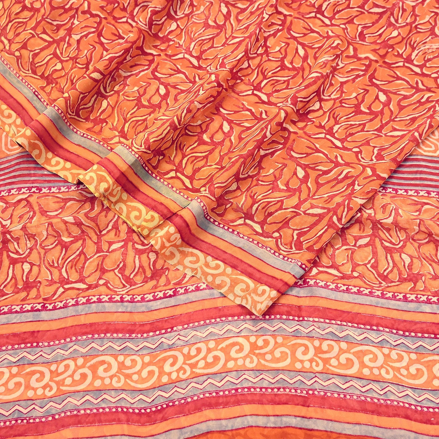 Indian Vintage Sari Orange & Saffron Pure Georgette Silk Printed Sarees 6Yd Craft Fabric Sewing Quilting Crafting Dress Making