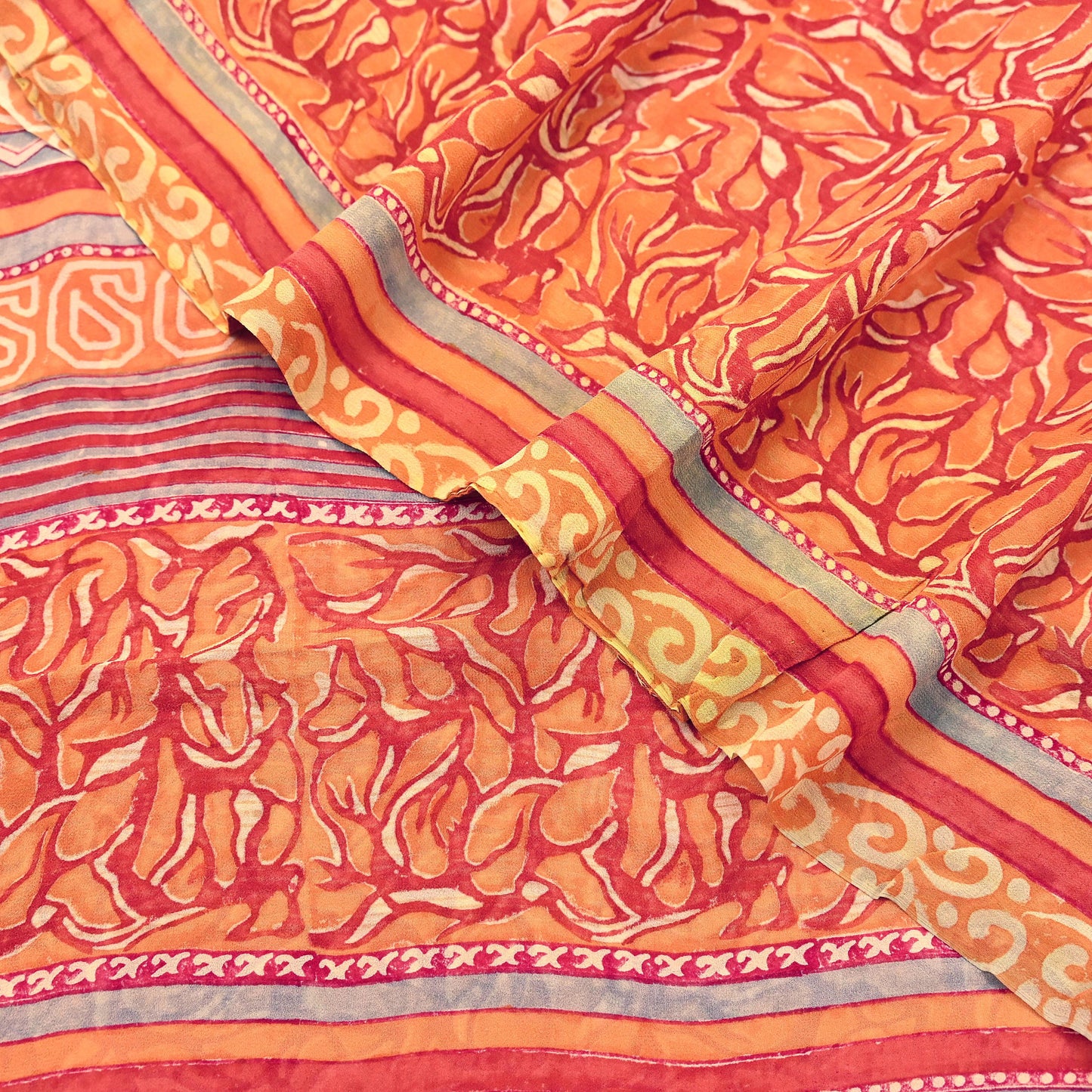 Indian Vintage Sari Orange & Saffron Pure Georgette Silk Printed Sarees 6Yd Craft Fabric Sewing Quilting Crafting Dress Making