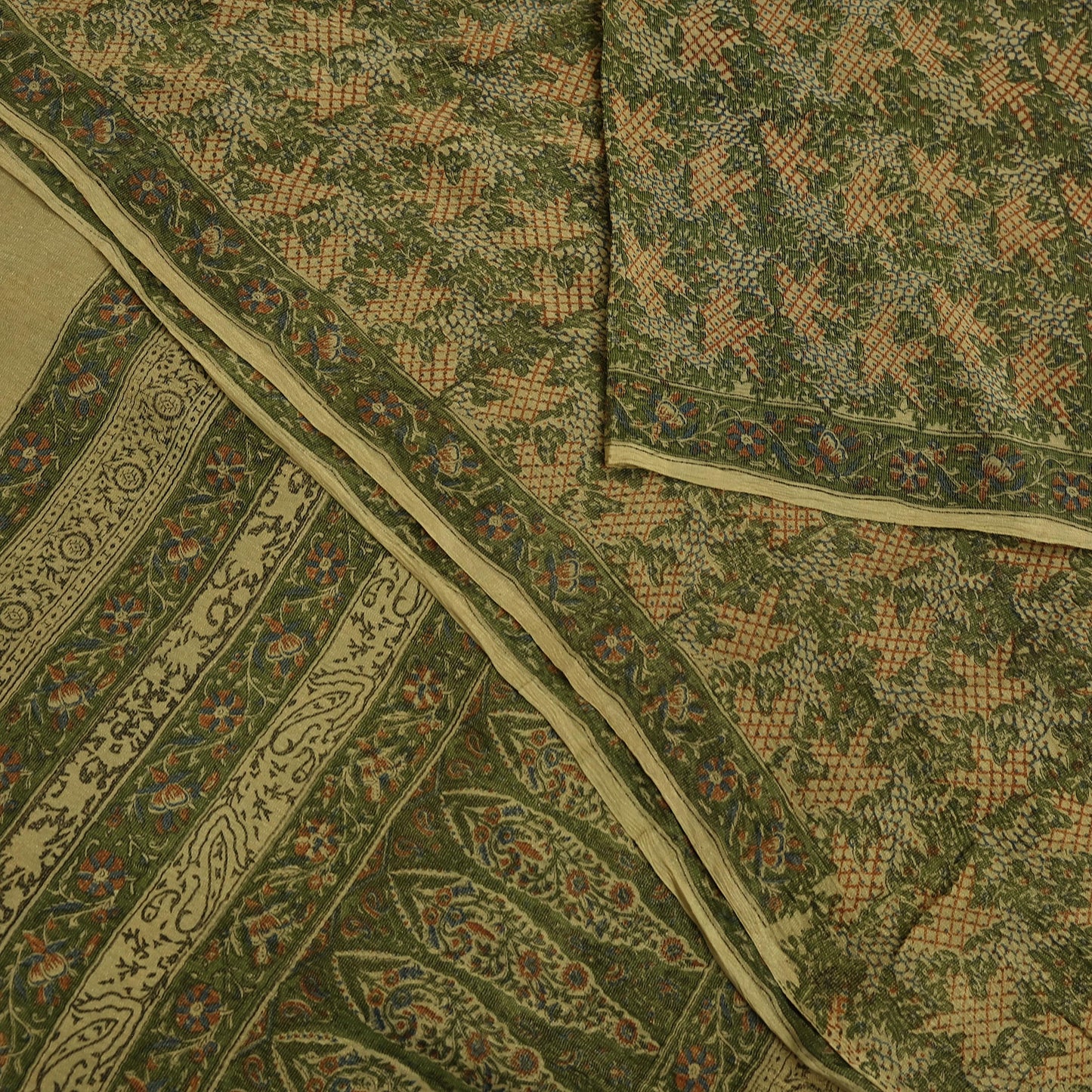 Indian Vintage Sari Green Pure Silk Printed Sarees 5yd Sewing Craft Fabric Dress Making  Soft Floral Wrap Upcycle Used Quilting Crafting