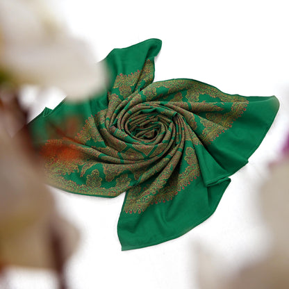 Indian Vintage Green Pure Woolen Shawl Handmade Woven Work Long Throw Stole Warm Paisley Design Soft