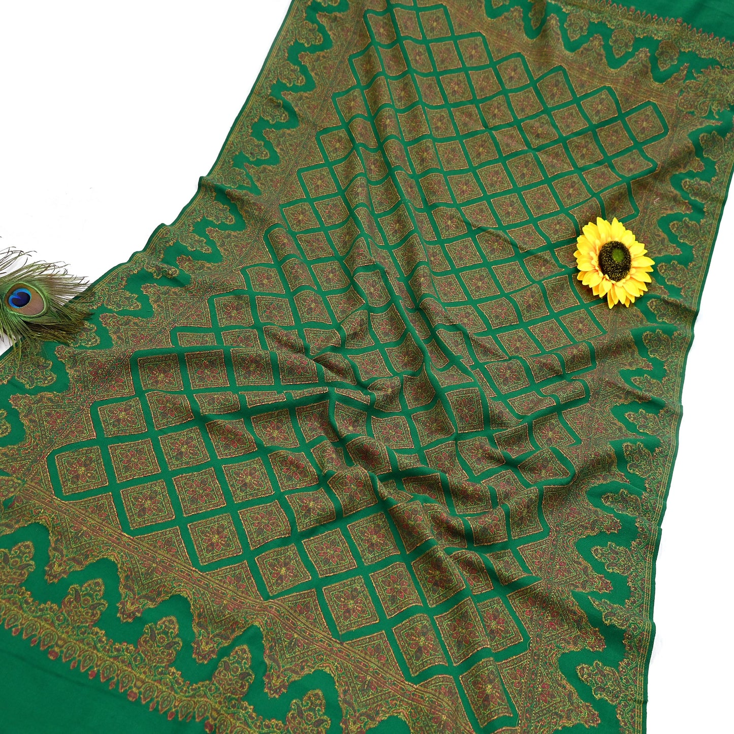 Indian Vintage Green Pure Woolen Shawl Handmade Woven Work Long Throw Stole Warm Paisley Design Soft