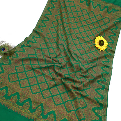 Indian Vintage Green Pure Woolen Shawl Handmade Woven Work Long Throw Stole Warm Paisley Design Soft