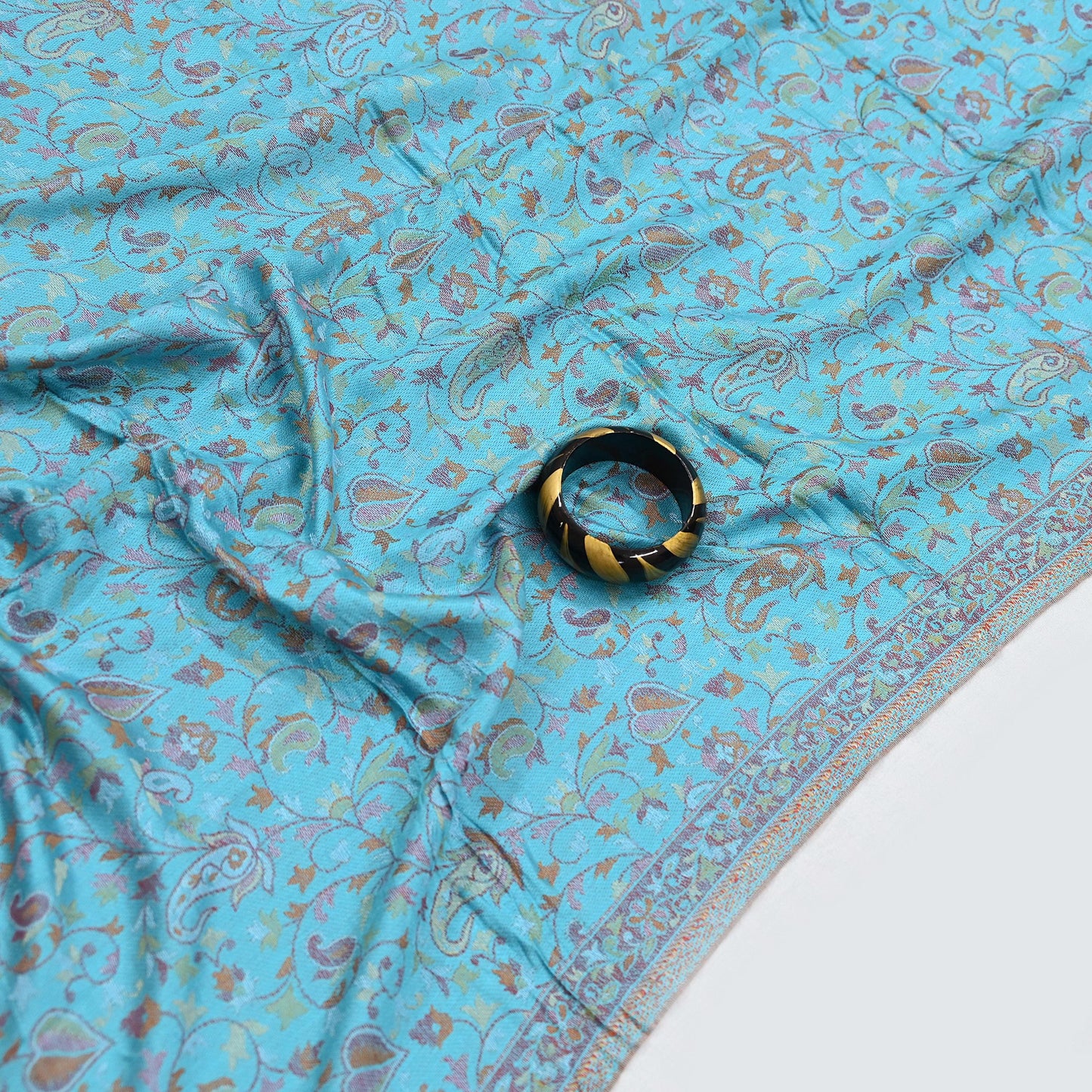 Vintage Blue Viscose Stole Handmade Woven Long Throw Stole Warm Floral Design Fringes