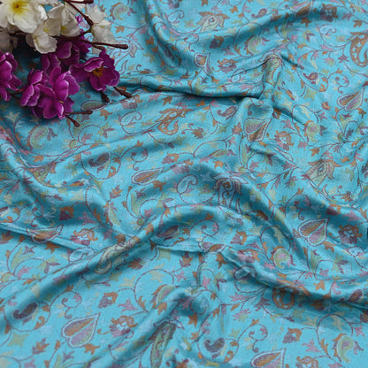 Vintage Blue Viscose Stole Handmade Woven Long Throw Stole Warm Floral Design Fringes