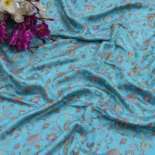 Vintage Blue Viscose Stole Handmade Woven Long Throw Stole Warm Floral Design Fringes