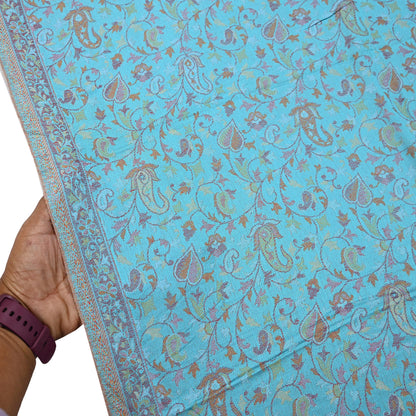 Vintage Blue Viscose Stole Handmade Woven Long Throw Stole Warm Floral Design Fringes