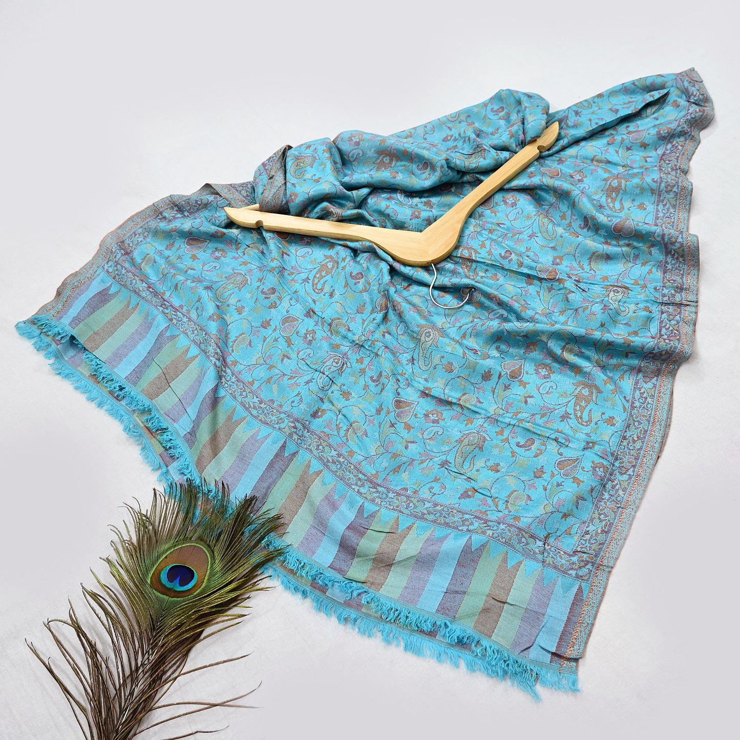 Vintage Blue Viscose Stole Handmade Woven Long Throw Stole Warm Floral Design Fringes