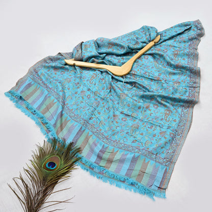 Vintage Blue Viscose Stole Handmade Woven Long Throw Stole Warm Floral Design Fringes