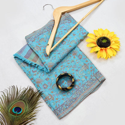 Vintage Blue Viscose Stole Handmade Woven Long Throw Stole Warm Floral Design Fringes