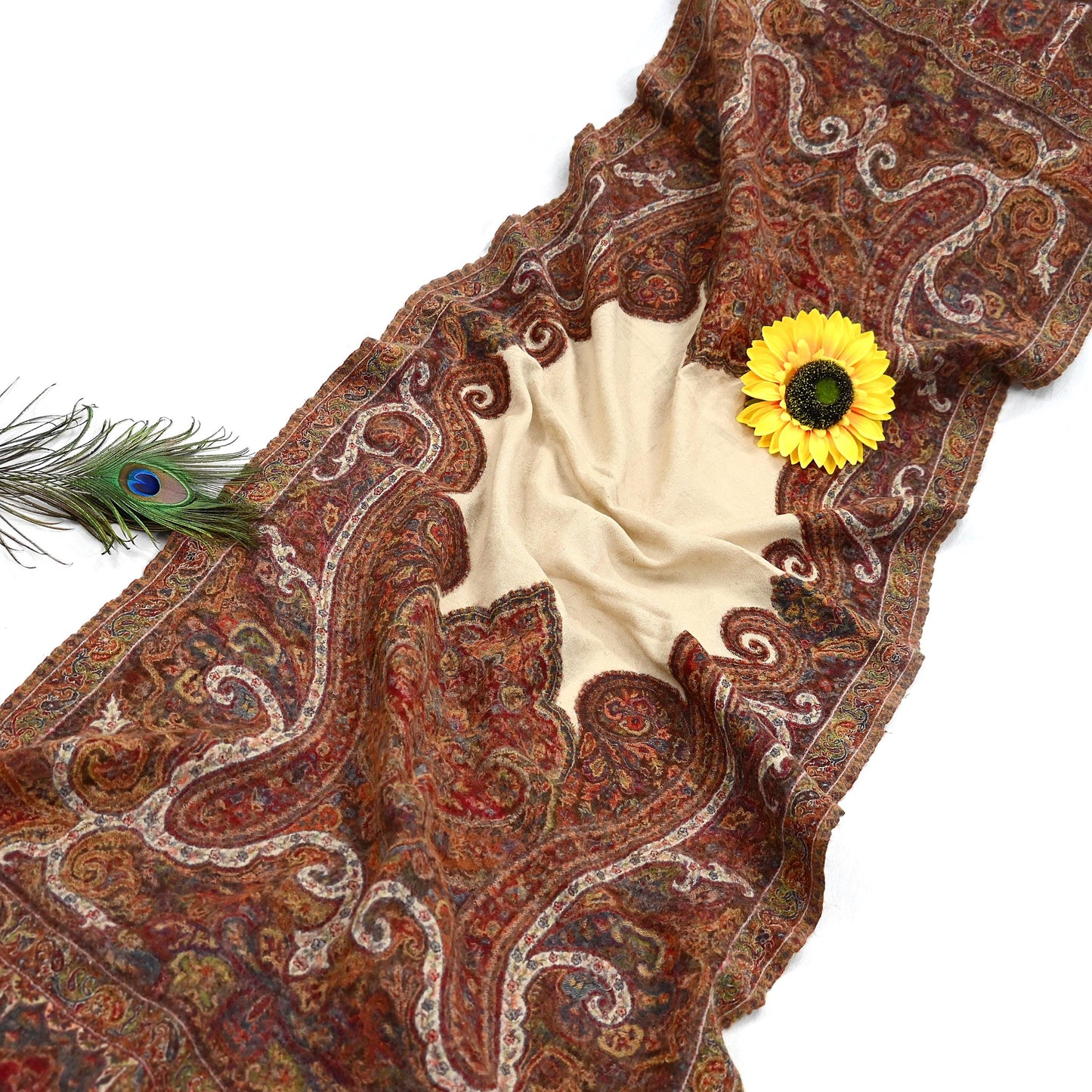 Indian Vintage Brown Pure Woolen Shawl Handmade Woven Jamawar Work Long Throw Stole Warm Paisley Design Soft