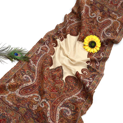 Indian Vintage Brown Pure Woolen Shawl Handmade Woven Jamawar Work Long Throw Stole Warm Paisley Design Soft